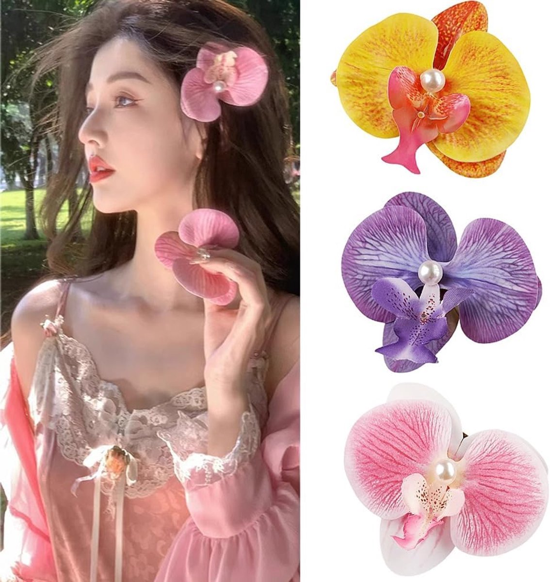 5 Stuks Grote Chiffon Orchidee Bloem Haarclips Bohemian Strand Haaraccessoire