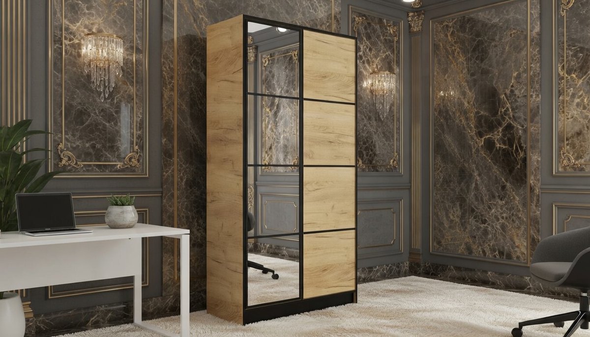 Kledingkast met Spiegel Casa Velluto EdenPro – Moderne 2-Deurs Schuifdeurkast voor Slaapkamer en Hal – Uitschuifbare Garderobe, 104,8x205x39cm – Eiken Craft, Laden en Planken Inclusief