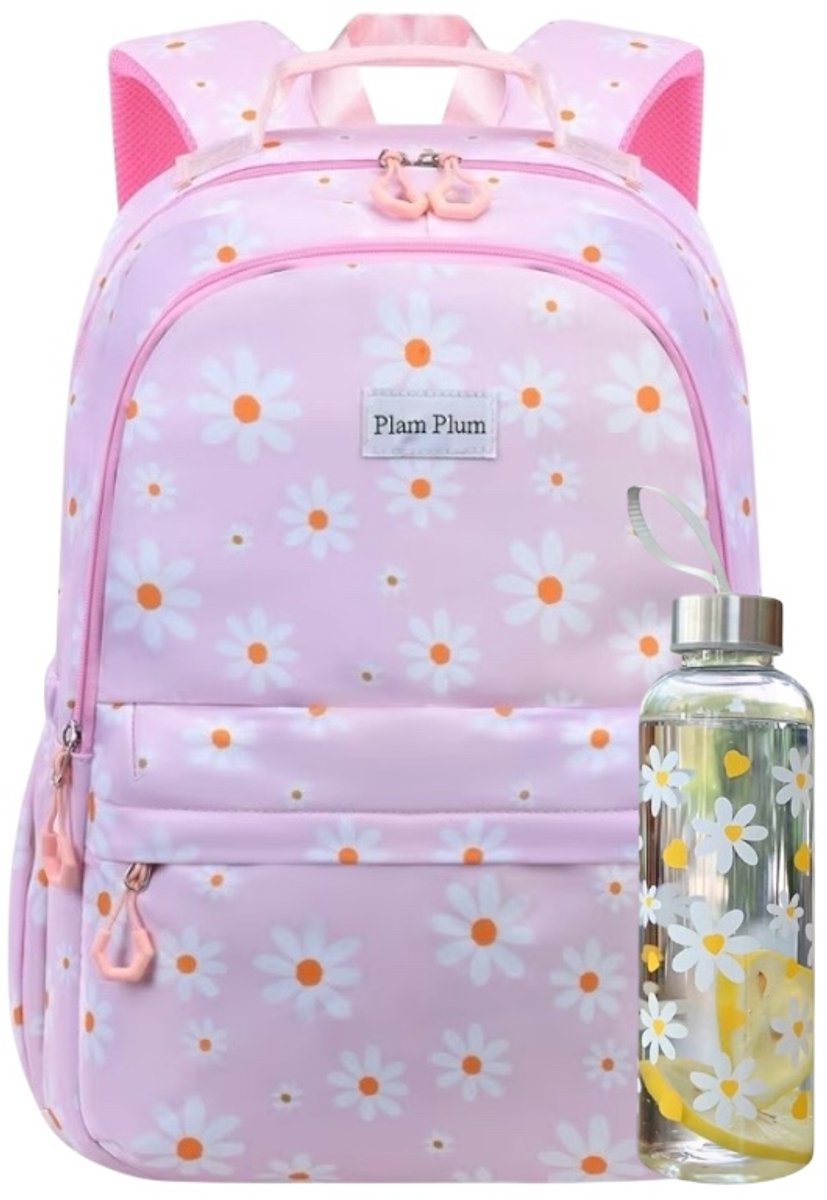 Twenty Two 2-delig set schooltas met drinkbeker voor meiden/tieners | 15.6 inch laptoptas | groot capaciteit | veel vakken | lichtgewicht | rugtas voor school, reizen, werk | 30x19x44cm | bloemenprint | roze-wit
