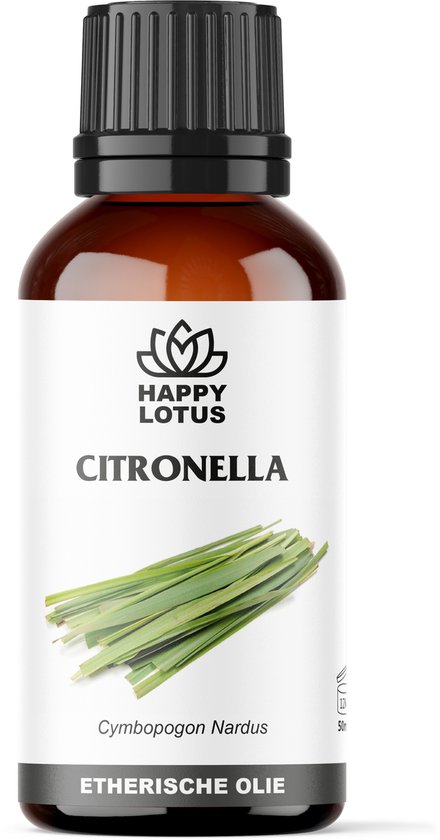 Bruine glazen fles van 50 ml met citroengras-illustratie, "CITRONELLA" en "ETHERISCHE OLIE".