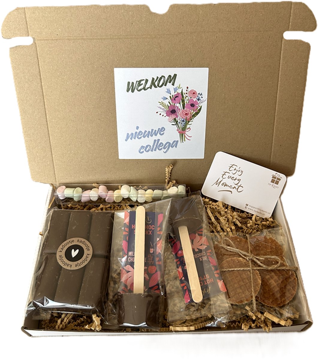 Nieuwe collega choco brievenbus cadeau - chocoladestick - chocolade - marshmallows - stroopwafels
