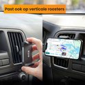 Grijze autohouder met R2B logo, past op verticale roosters. Telefoon navigatie in auto.