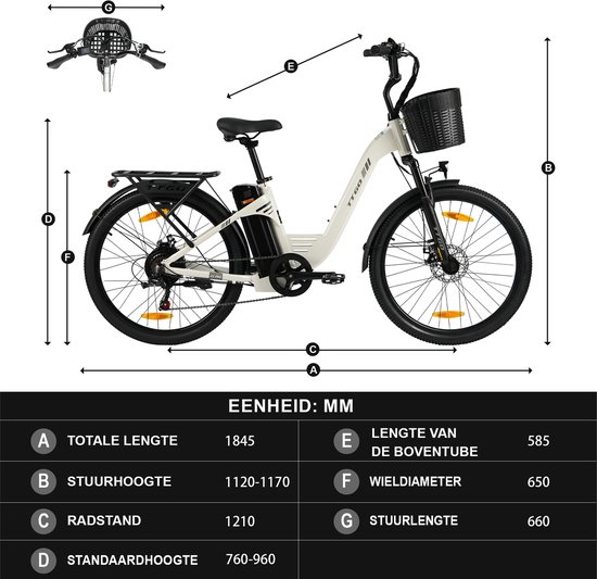 TTGO Elektrische Fiets - Tot 120 km Actieradius - 18Ah Accu - 26" stadsfiets - Shimano 7 Versnellingen - LCD Display - wit van TTGO — afbeelding 5