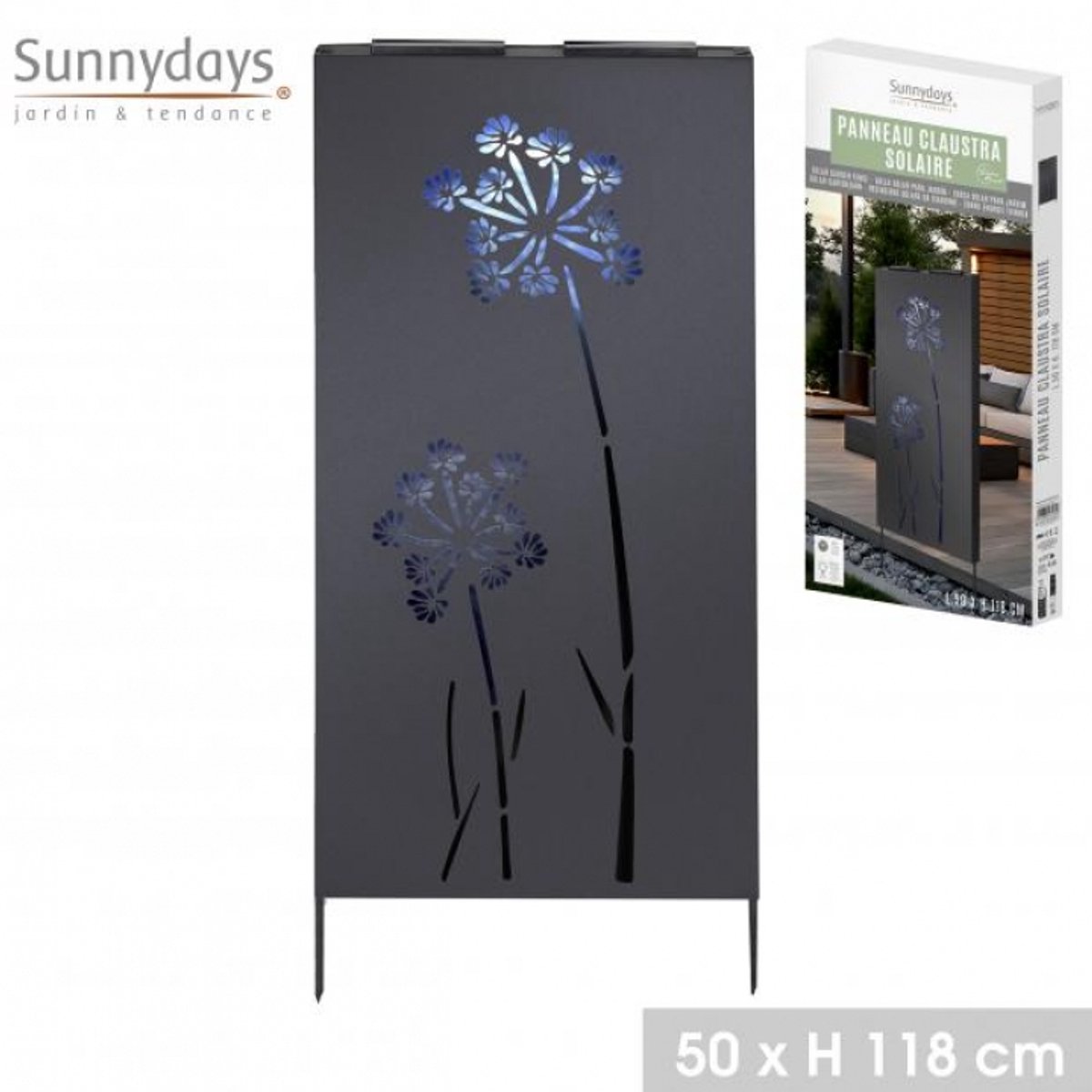 SOLAR MOOD" Zwart metalen scheidingspaneel met zonne-LED – 50 x H118 cm