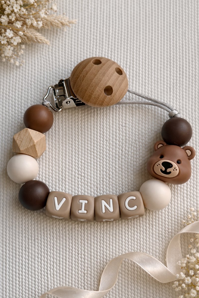 speenkoord met naam | gepersonaliseerd | beer-bruin-wit |verzending binnen 24h | kraamcadeau & babycadeau | baby | speenketting