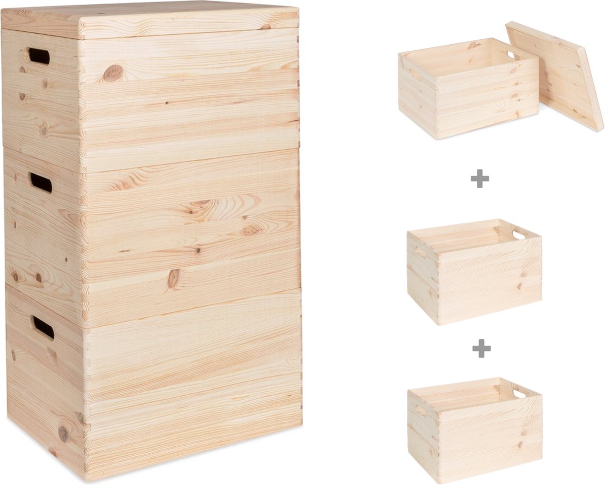 Haudt® Houten stapelkist set 69cm - 2 x KIM Maxi open en 1 x KIM Maxi met losse deksel - stapelbare opbergoplossing - houten kisten - opbergkist - vurenhout