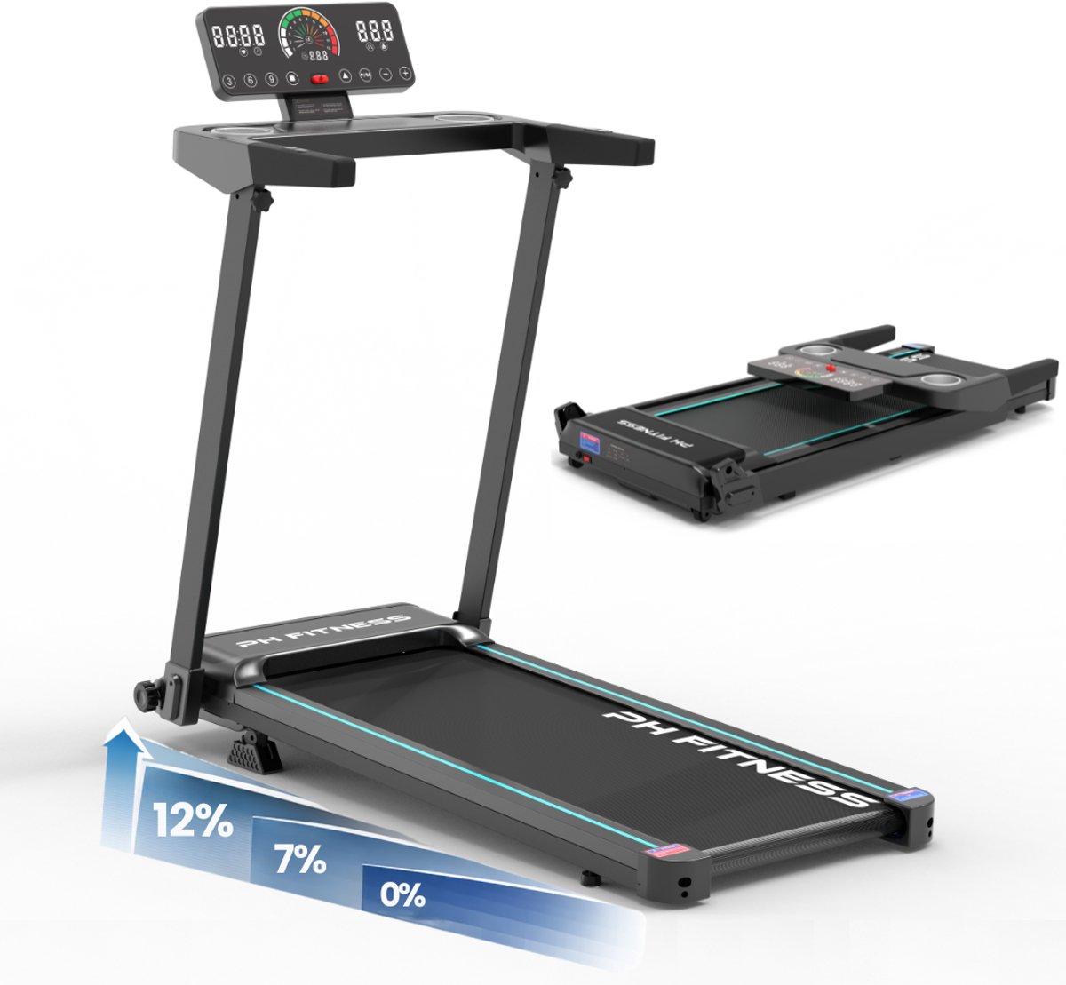 PH Fitness Loopband 12 km/u – Opvouwbare Treadmill – Bluetooth App Wandelband 1.5PK Motor - TH900 – 130KG – Hometrainer voor Thuis - Hyrox - Veiligheidssleutel – 12 Programma’s