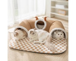 Luxe 2-in-1 Kattentunnel & Kattenmand - L-Vorm Speelmat - 65x40 cm - Bruin/Beige - Met Speelballetjes & Kiekeboe Gat - Zacht Slaapkussen
