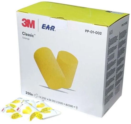 Doos met 250 paar 3M E-A-R Classic geel oordopjes, met twee oordopjes in de verpakking.