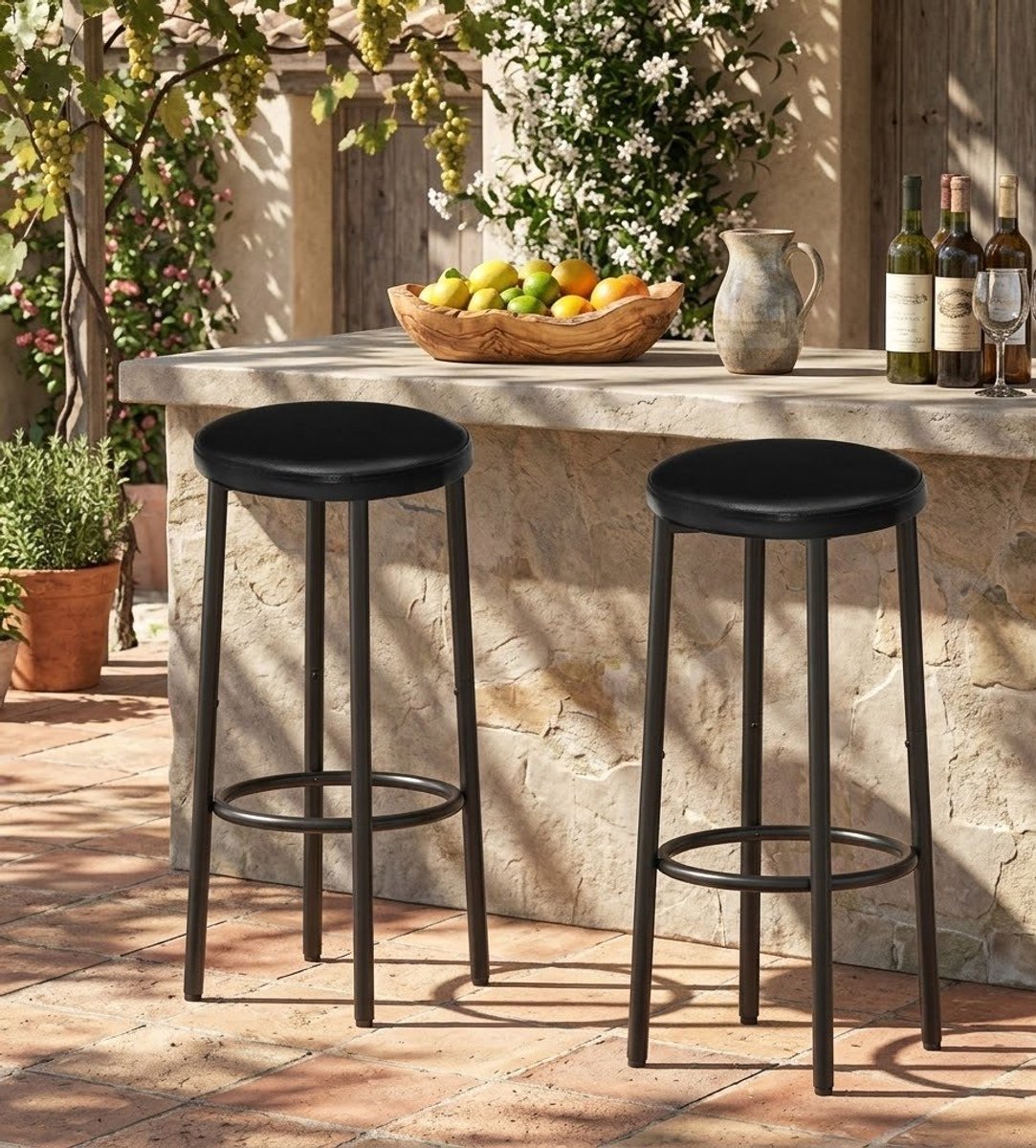 Industriële Barkruk Set van 2 met Voetensteun – Comfortabele PU Zitting – Stabiele Metalen Poten – Moderne Keukenkrukken voor Bar, Keukeneiland en Eettafel (65 cm Zithoogte, Zwart) – Casa Serena – ...