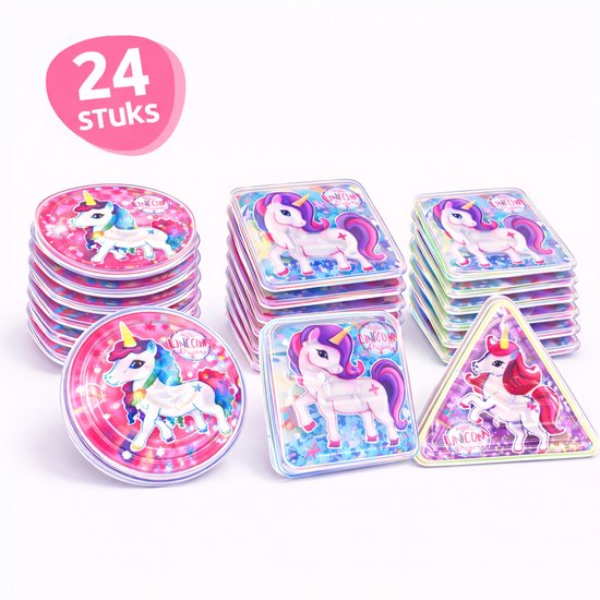 Set van 24 Isa's Friends unicorn geduldspelletjes. Gestapelde ronde, vierkante en driehoekige spelletjes. Beschikbaar in verschillende vormen.