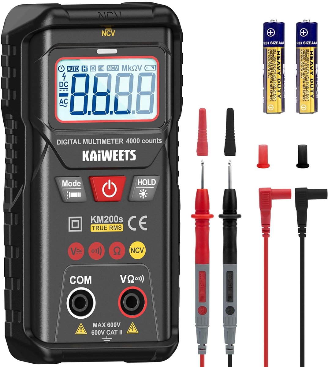 Digitale Multimeter True RMS, 4000 Counts, Contactloze Spanningszoeker, Auto-Range, Intelligente Voltmeter voor AC/DC Spanning, Weerstand en Doorgangstester