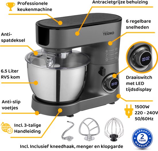 Linea Tegno Steel Mixer PRO-M7500 - Professionele Keukenmixer voor deeg, beslag, slagroom en crèmes - 1500W - Krachtige Antracietgrijze keukenmachine - Stand Mixer met 6.5L edelstalen mengkom. Krachtig, stil en eenvoudig reinigen. van Merkloos — afbeelding 5