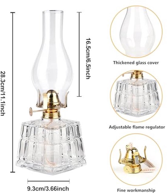 KARZO - Petroleumlamp, glazen olielamp, petroleumstormlantaarn, olielamplantaarn, stormlantaarn, petroleum, vintage petroleumlamp, lantaarnkamer, olielamp voor binnen, huis, tuin, camping — afbeelding 3