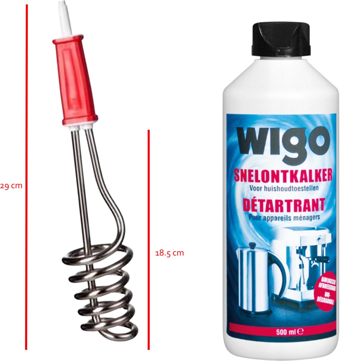 WIGO TS104 Dompelaar 1000W – Elektrische Waterverwarmer / Dompelverwarming + WIGO Snelontkalker 500 ml - Camping waterwarmer - Reis dompelaar