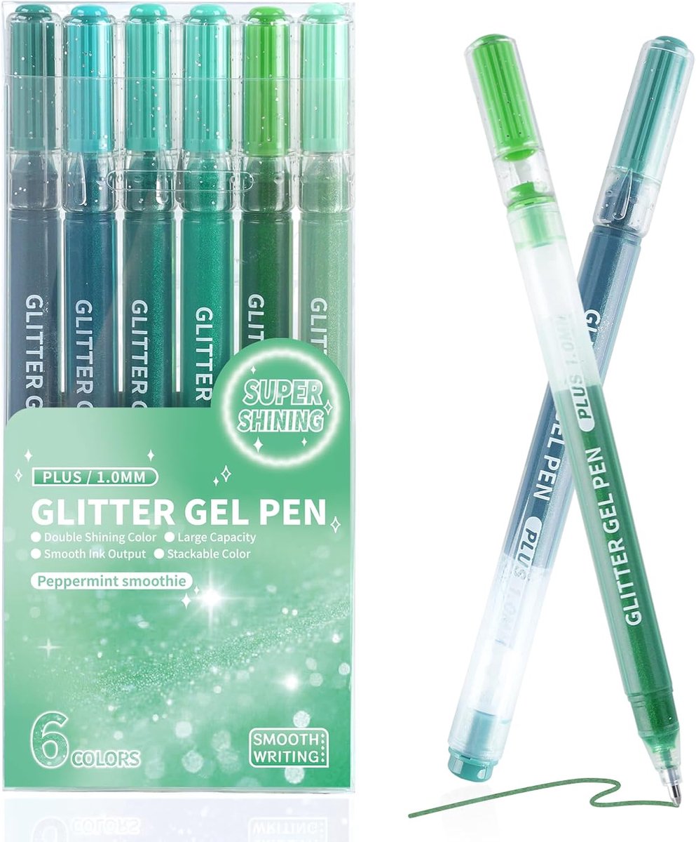 Namajunas - 6-delige Glitter Gelpennen Set – Gelpennen - Glitterpennen - Dubbele Glans Groen Kleuren – 1.0 mm – Grote Inktcapaciteit – Soepel Schrijven – Voor Volwassen Kleurboeken, Journaling, Tekenen & Creatief Werk