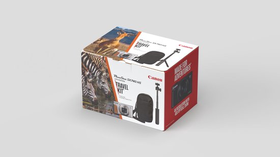 Doos van de Canon PowerShot SX740 HS LITE EDITION Travel Kit met afbeeldingen van de camera, tas, statief, zebra's en een antilope.
