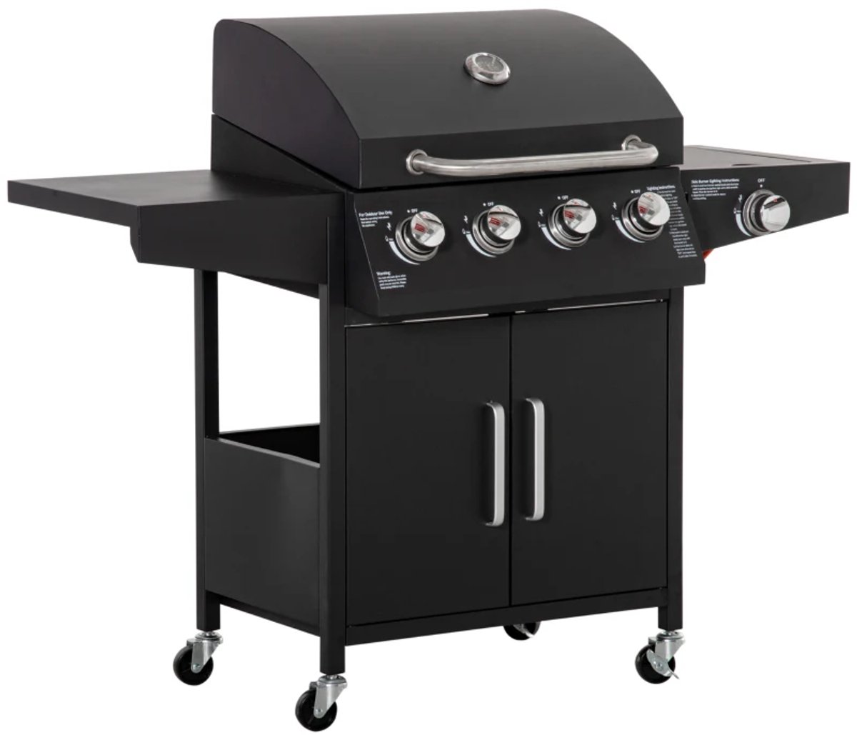 Gasbarbecue - Gasbarbecue en grill - 4 Branders - Verrijdbare Barbecuewagen - met Grillrooster, 4 Wielen, Bijzettafels, Drukregelaar, Slangen, Hermometer en Warmhoudplaten - Zwart