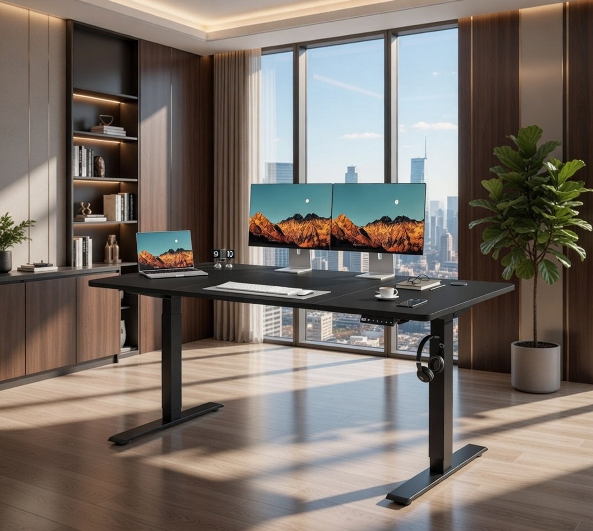 Elektrisch Zit-Sta Bureau 130x60 cm – In Hoogte Verstelbaar Bureau met Geheugenfunctie, Ergonomisch Computerbureau voor Thuiswerk & Kantoor – Stil Motor Systeem – Modern Industrieel Design – Zwart | NoviHome