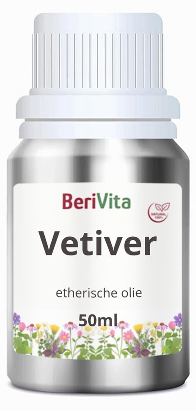 Aluminium flesje BeriVita Vetiver etherische olie van 50ml met een witte dop en een bloemenrand.