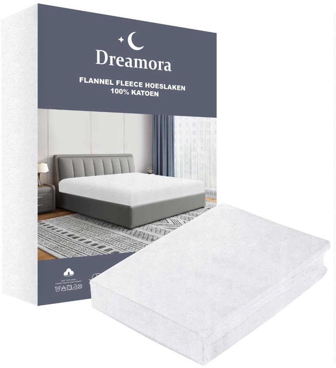 Dreamora - Flanel Fleece Hoeslaken 160x200 cm - Wit - 100% Katoen - Hoekhoogte tot 30 cm