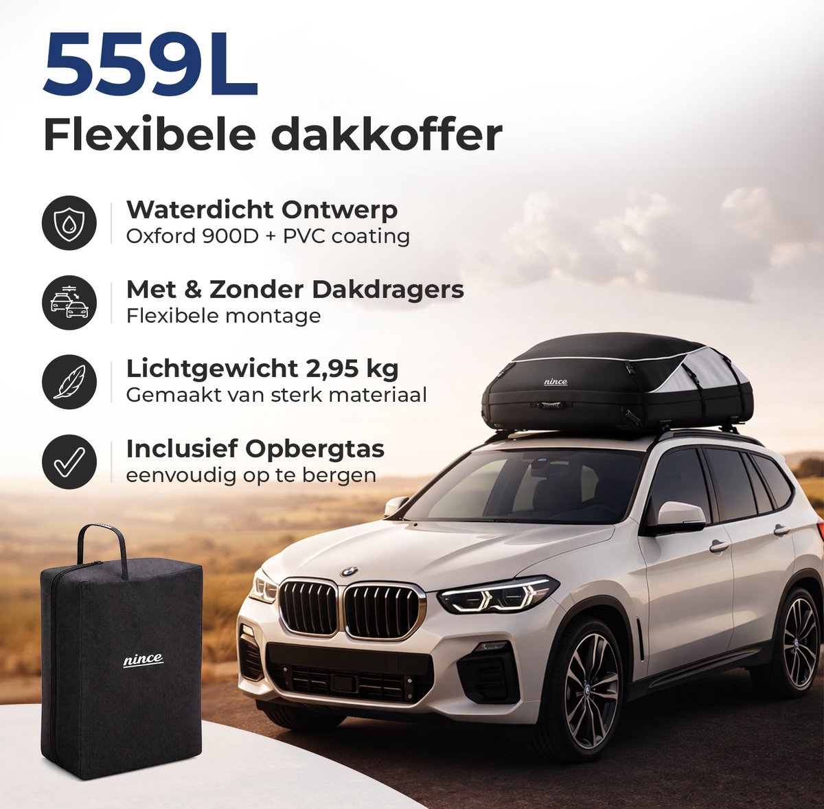 Nince Dakkoffer 559L - Auto Dakkoffer - Waterdichte Daktas - Opvouwbaar - Met en Zonder Dakdragers - Oxford 900D + PVC - Zwart – foto 2