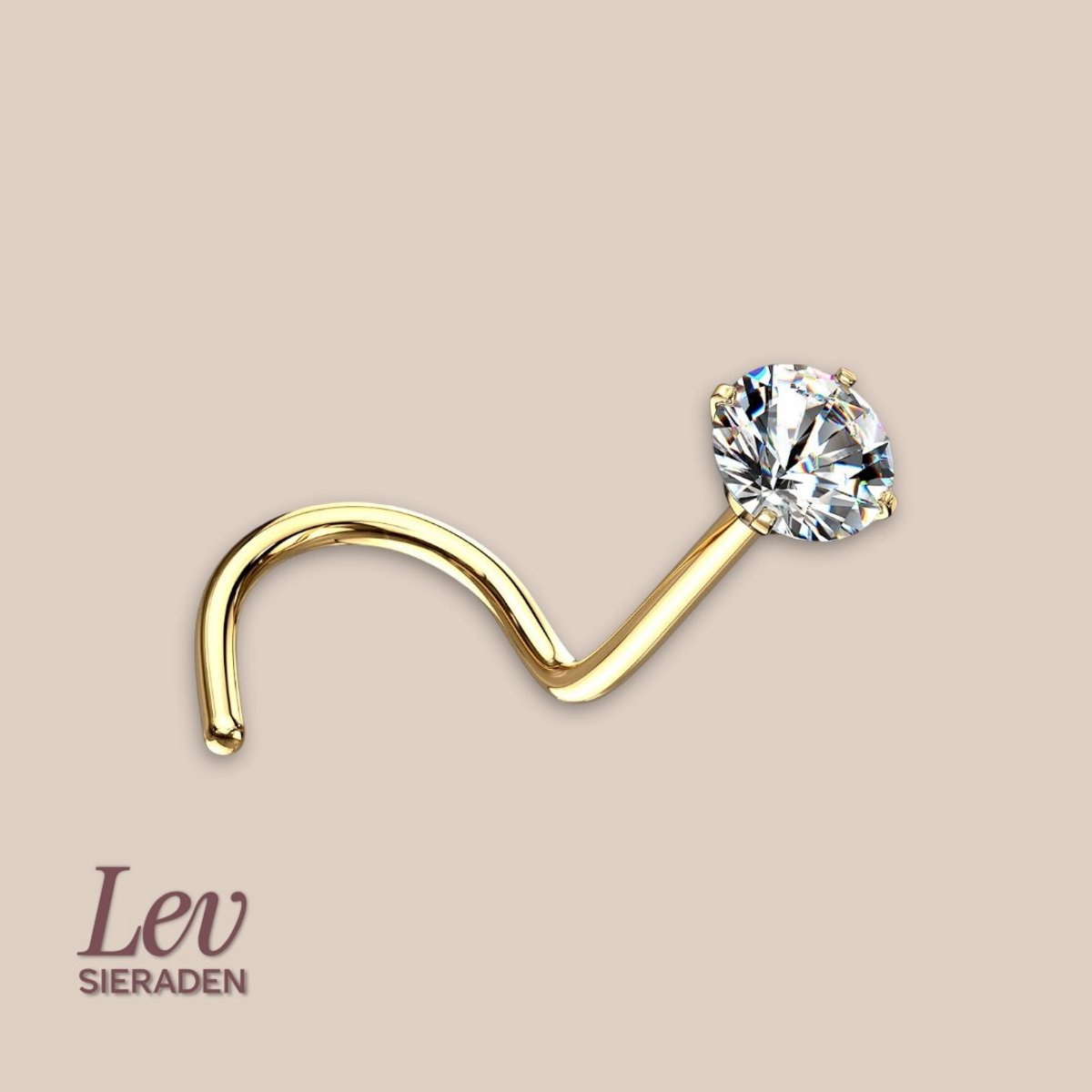 Lev Sieraden - Handgemaakte neus piercing met Zirkonia steen - 14 Karaat Geelgoud - gebogen staafje - Neus knopje