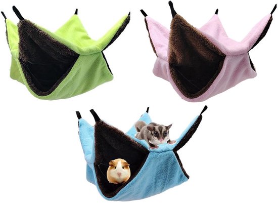 3 Stuks - Hamster Hangmat - Hammock - Schommel - Knaagdierkooi - 34*34cm - Blauw, groen en roze - Pluche - Knaagdierhuis - Knaagdieren Hangmat - Kleine Knaagdieren - Hamster Bed - Voor Hamsters/Muizen/Gerbils/Ferret/Cavia