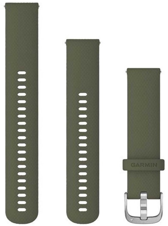 Trois bracelets de montre Garmin kaki avec boucle argentée et logo Garmin.