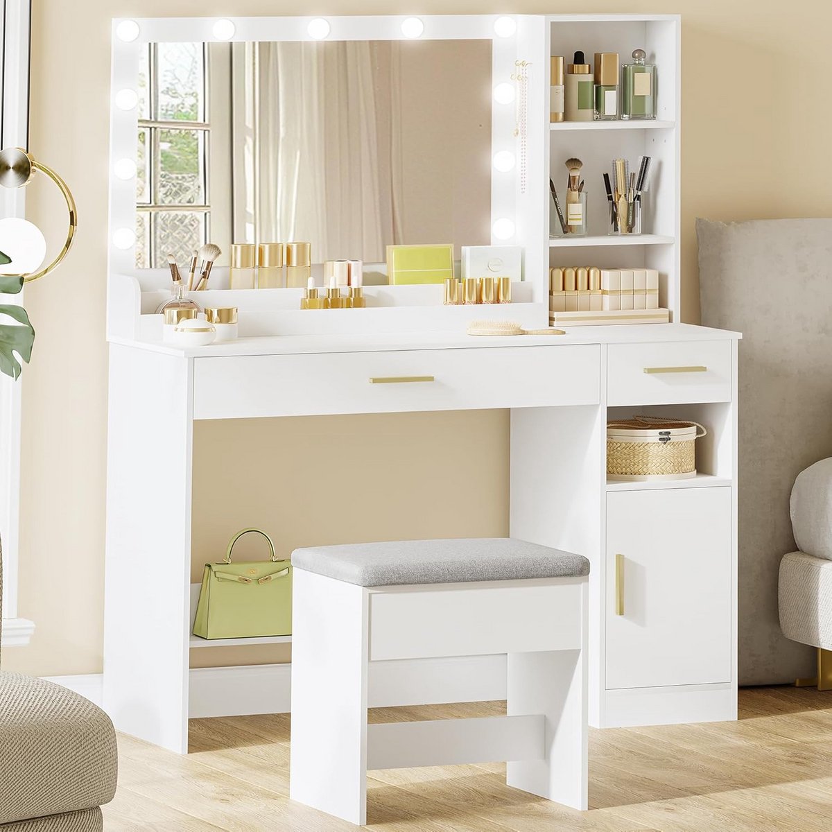 Kaptafel met LED Spiegel en Regelbare Helderheid, Make-up Bureau met 2 Laden en 4 Compartimenten, Wit