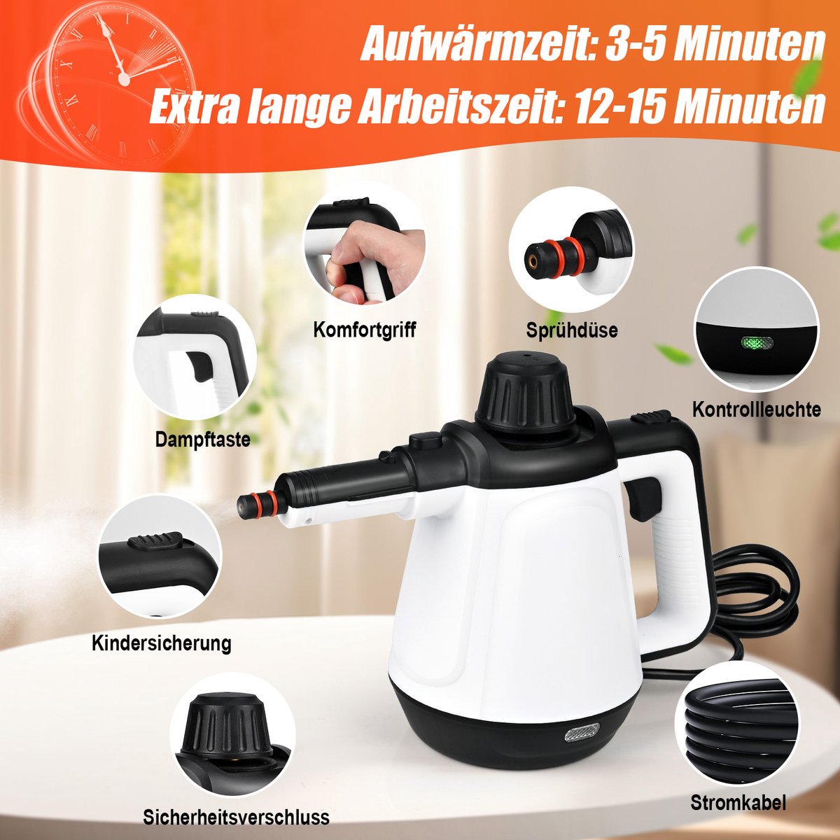 Dreamhigh® Dampfreiniger vloer 430 ml, 1200 W 3,5 bar stoomreiniger voor alles met 9 accessoires, hogedrukdampreiniging, voor het reinigen van vloeren, auto's en keukens - met werklamp thumbnail 6