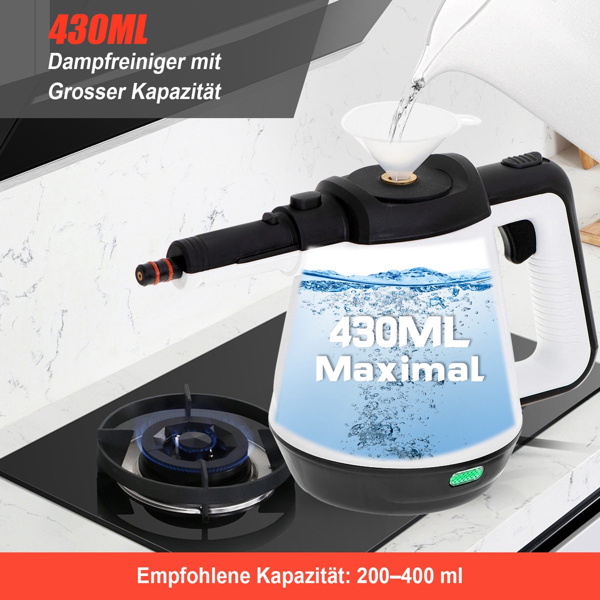 Dreamhigh® Dampfreiniger vloer 430 ml, 1200 W 3,5 bar stoomreiniger voor alles met 9 accessoires, hogedrukdampreiniging, voor het reinigen van vloeren, auto's en keukens - met werklamp thumbnail 2