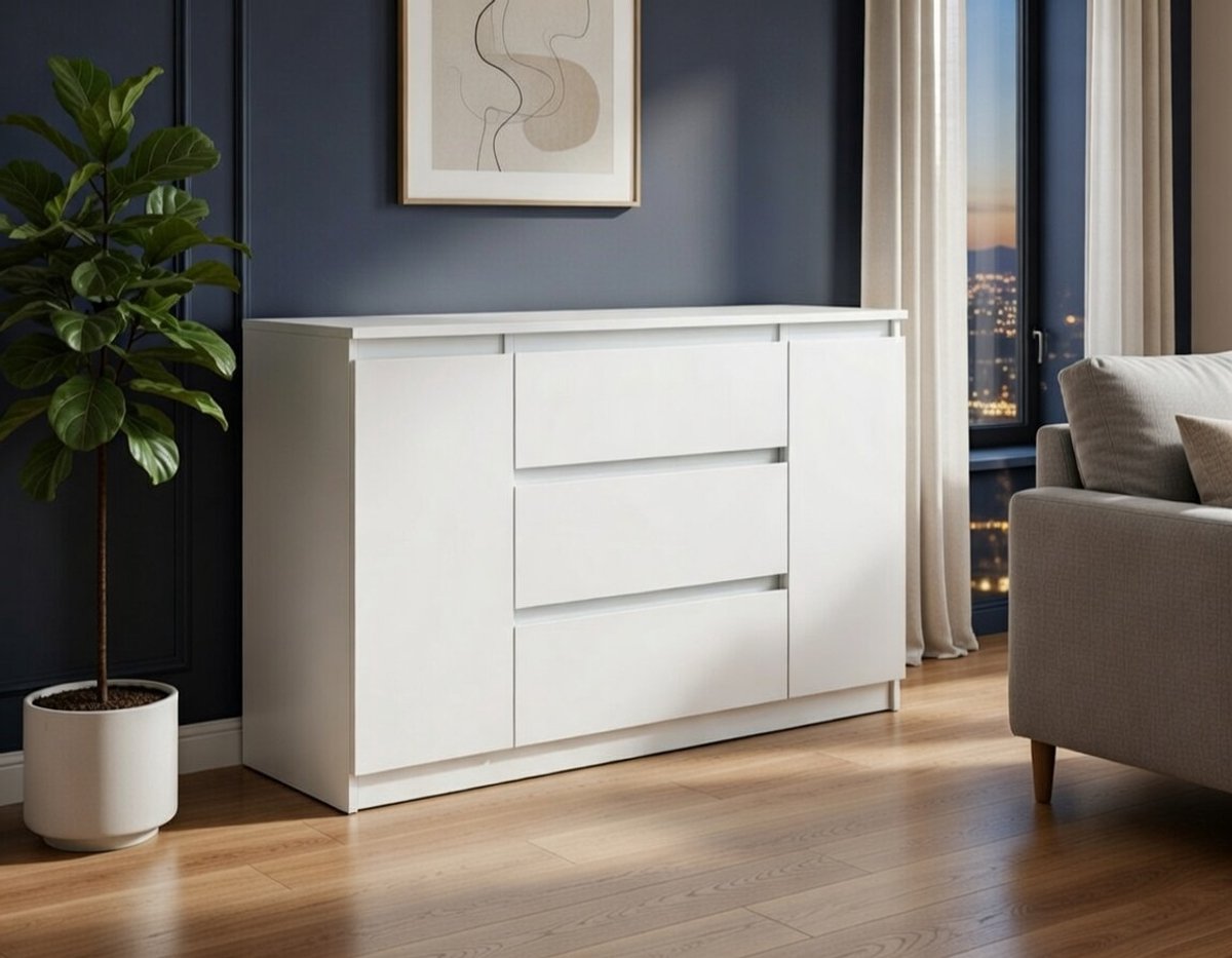 Elegance Commode 3 Laden & 2 Deuren – Mat Wit – Opbergkast voor Slaapkamer, Woonkamer en Kinderkamer – Compact, Stijlvol & Ruim (39 x 140 x 78,5 cm) Novihome