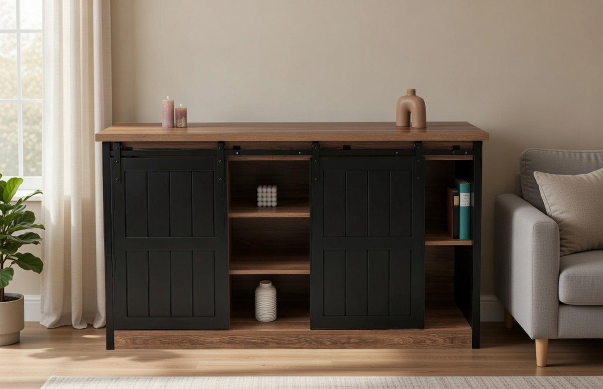Industrieel Highboard Dressoir K75 – Schuifdeur Kast met 7 Opbergvakken – Houtlook Bruin-Zwart – Modern en Robuust – 84 x 150 x 40 cm – Perfect voor Woonkamer, Slaapkamer of Kantoor Novihome
