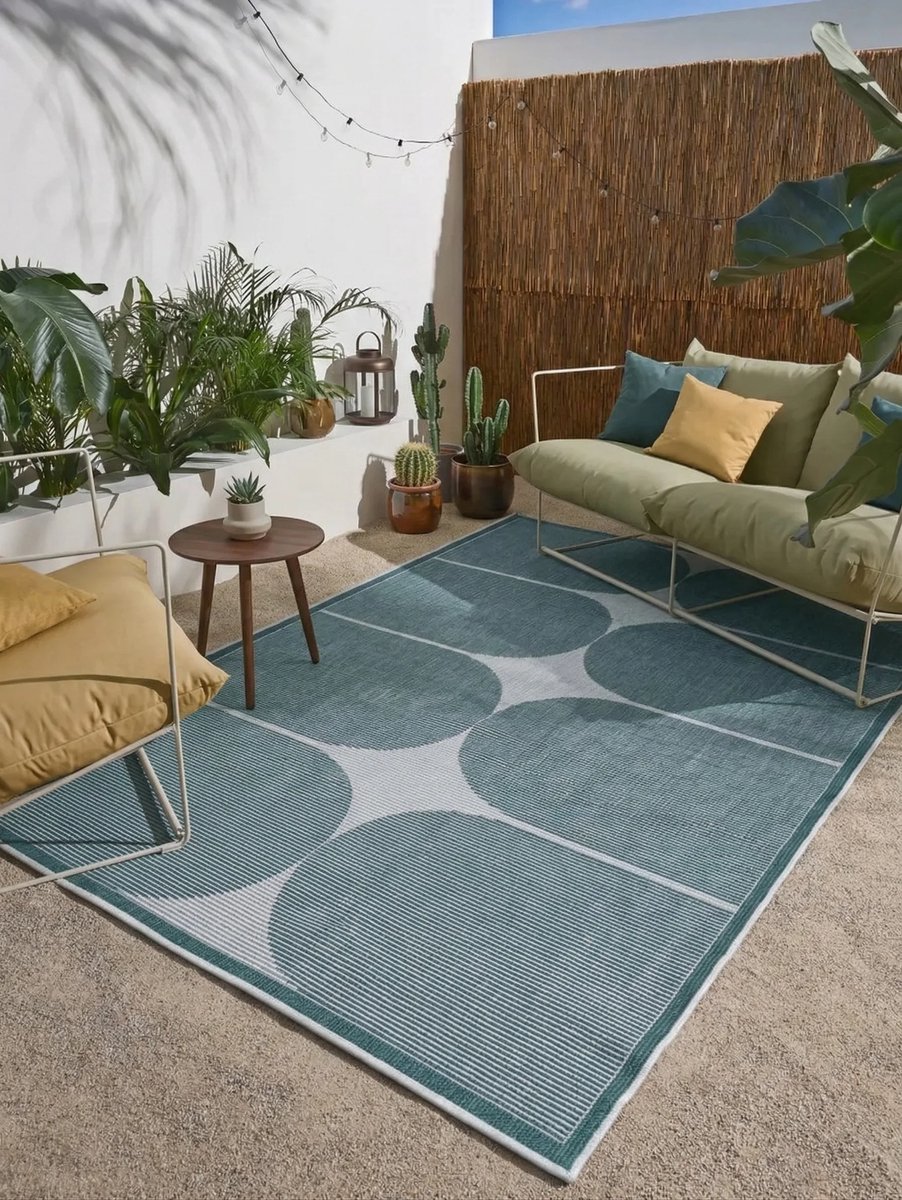 flycarpets Omkeerbaar Terrazo Japandi Buitenkleed Groen / Creme - 240x340 cm - Vloerkleed Buiten - Laagpolig Tuinkleed, Tuintapijt, Buitentapijt