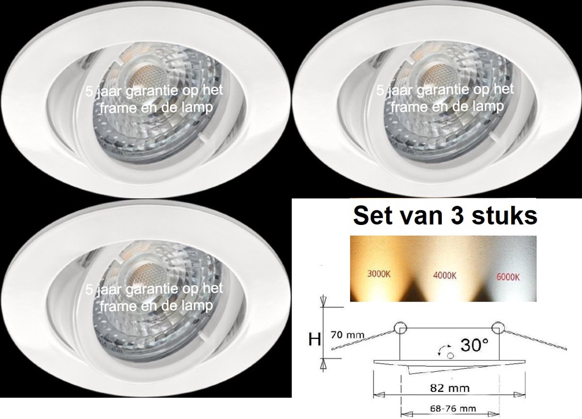 Witte inbouwspot Verstelbaar 30º – Dimbare ledlamp GU10 LED 3000K – 4W / 345 Lumen – Hoogwaardig Aluminium – Direct Aansluitbaar – Set van 3 stuks.