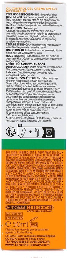 Achterkant van La Roche-Posay Anthelios UVMune 400 Oil Control Gel-Crème verpakking met ingrediëntenlijst en gebruiksaanwijzing.