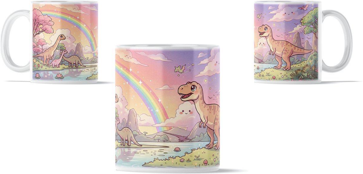 Dinosaurus Mok "Kawaii Series" T-Rex & Diplodocus bij Magisch Meer - Roze Regenboog Cadeau - Dino Bekerserie - Voor hem & haar: Kind, Vriend(in) & Collega - Lief Kantoor Cadeau - Fantasie Dino Wereld - Pastelkleurige Drinkbeker