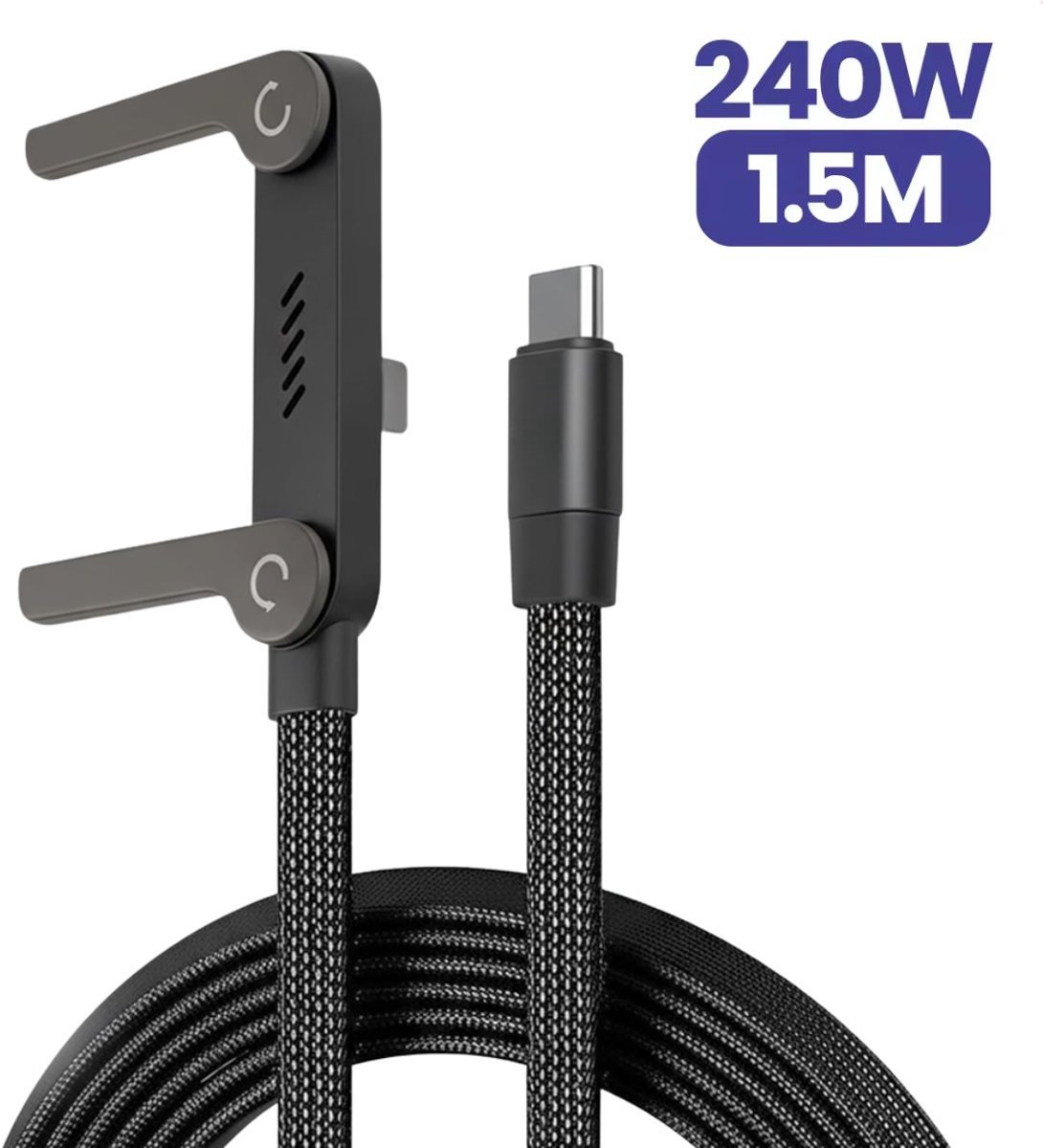Delmark 240W USB-C naar USB-C Snellaadkabel 1,5 Meter – 5A PD Fast Charge – Gevlochten Kabel met 360° Telefoonstandaard