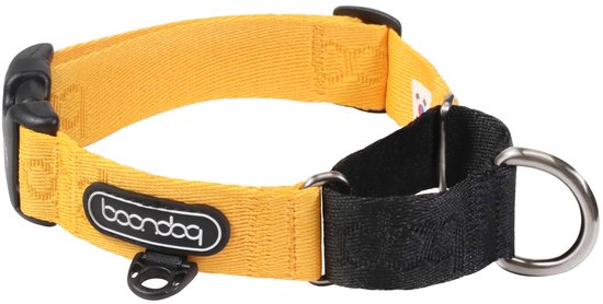 Collier martingale Boondog, jaune et noir, avec boucle et anneau.