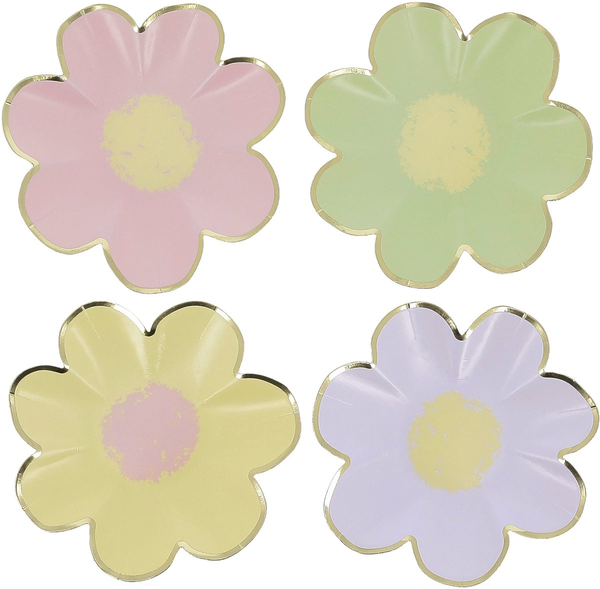 ARTYFETES - 8 kleine bloemenpapieren bordjes lila, roze, geel, groen en goud 18cm van karton