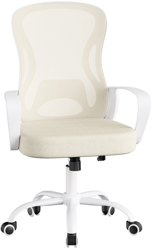 Chaise de bureau crème avec dossier en maille blanche, accoudoirs blancs et piètement en étoile blanc avec roulettes.