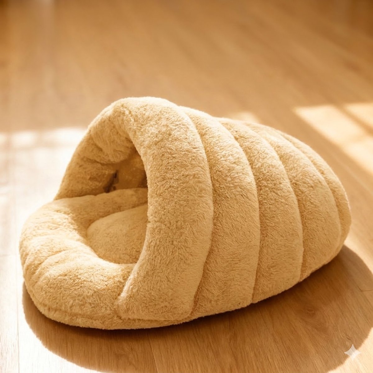 Luxe Pluche Kattenmand & Hondenmand - Ribbel Design Slaapzak - 50x40x28 cm - Beige/Zandkleur - Zacht Holletje met Overkapping - Anti-Stress