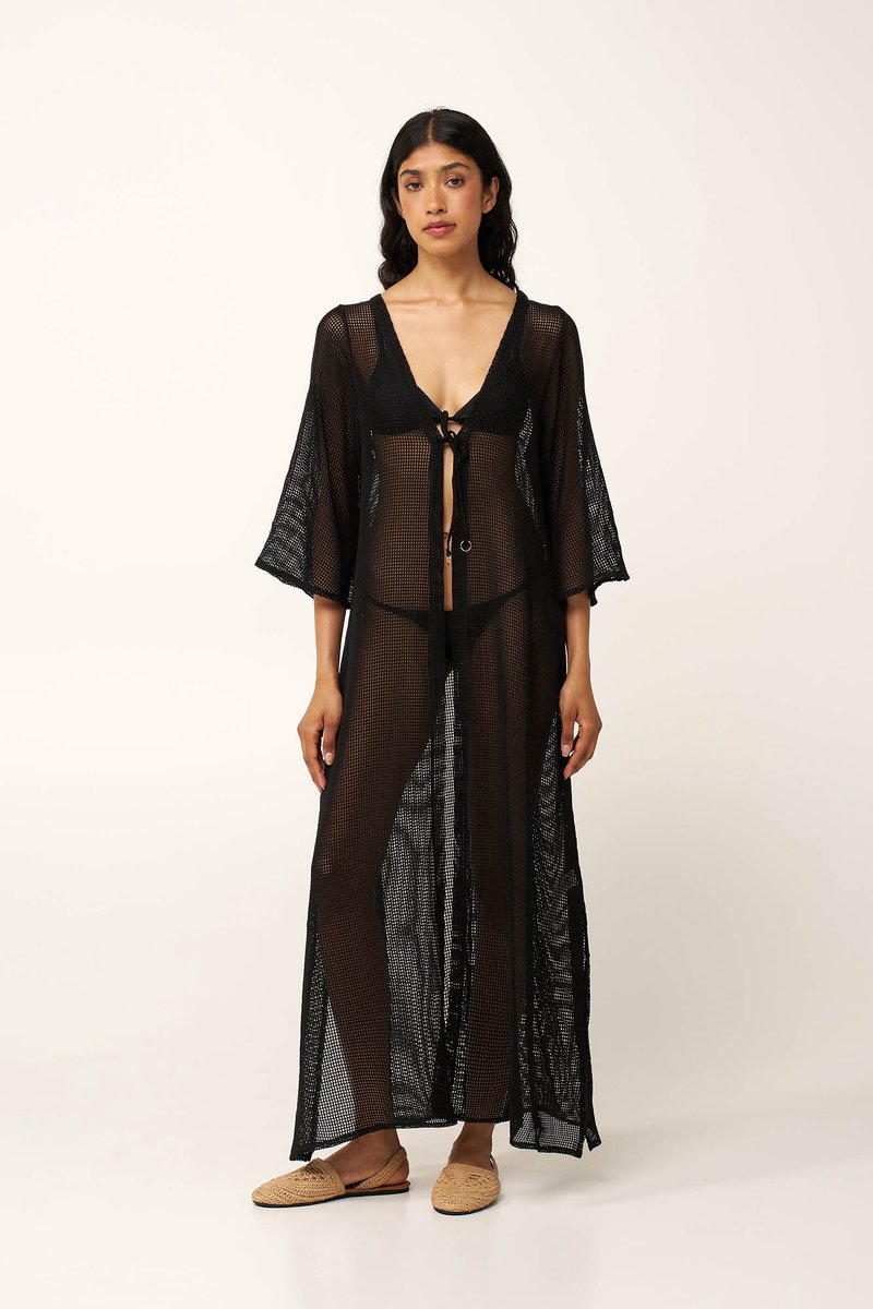 Vamp Strandkimono dames – Lange beach cover-up in mesh – Zwart - S