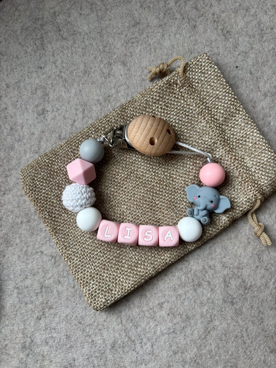 speenkoord met naam | gepersonaliseerd | olifant-roze-wit-grijs | kraamcadeau & babycadeau | baby | speenketting