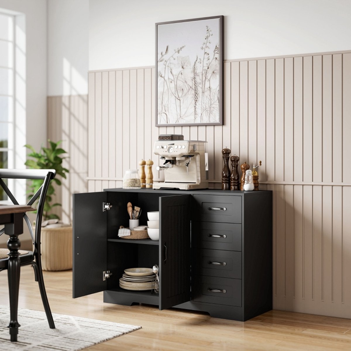 Wishdor Dressoir - 4 Laden En 1 Kast - Verstelbare Plank - Zwart - 105 X 40 X 76 Cm