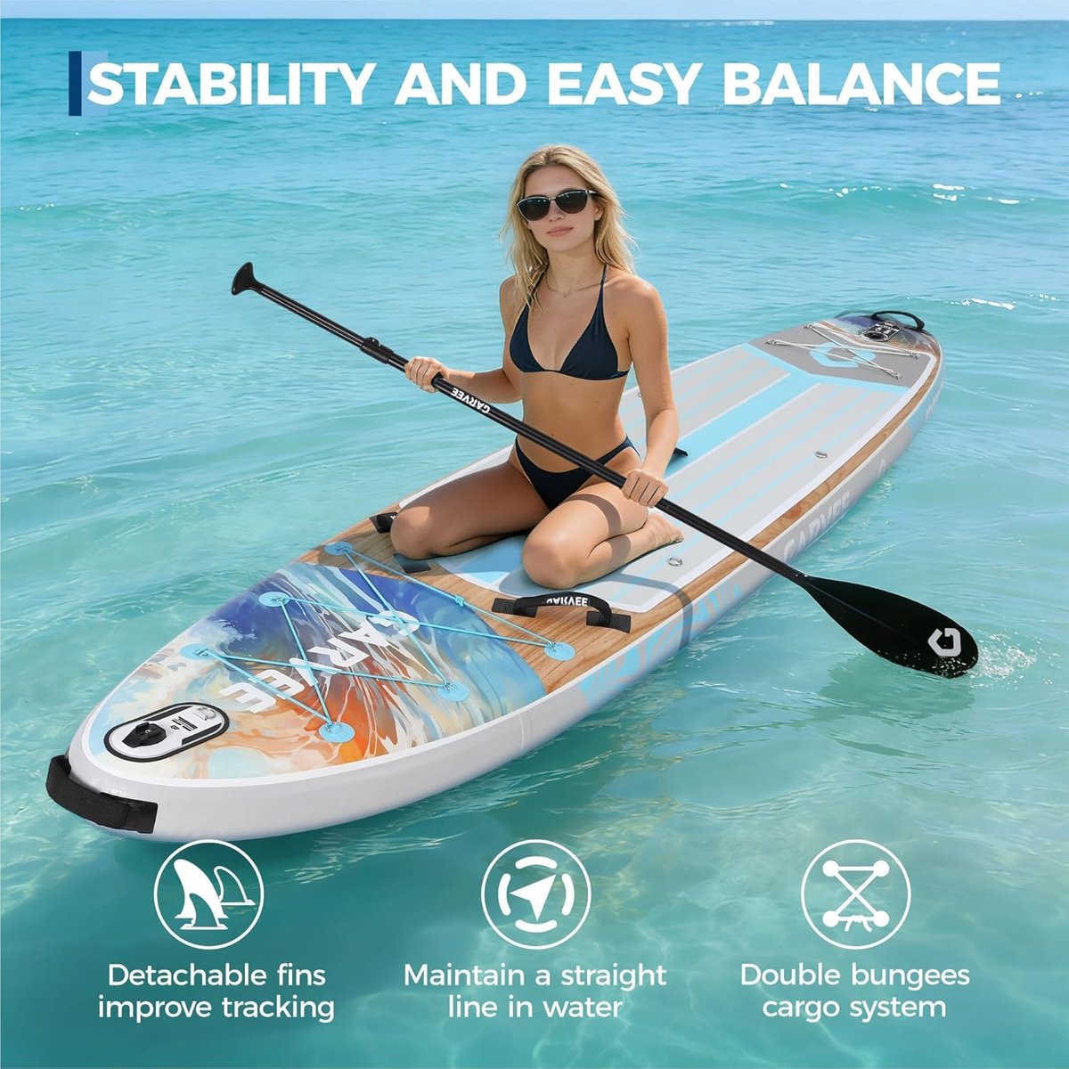 Luxe Opblaasbaar SUP Board - Houtlook Design - 200kg Draagvermogen - Extra Stabiel Stand Up Paddle Board - 2 Personen - 335×86×15 cm - Complete Set met Pomp, Peddel & Rugzak – foto 6