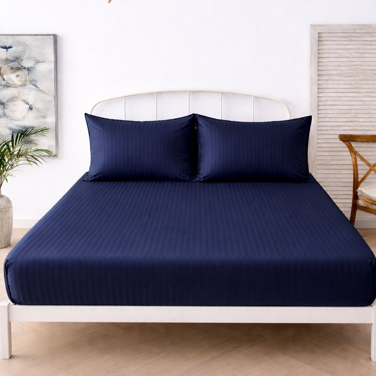 Boraboi® Luxe 3-delige Hoes Laken Set Katoen ,Satijnlook,Gestreept ,İndigo 160 x 200 cm