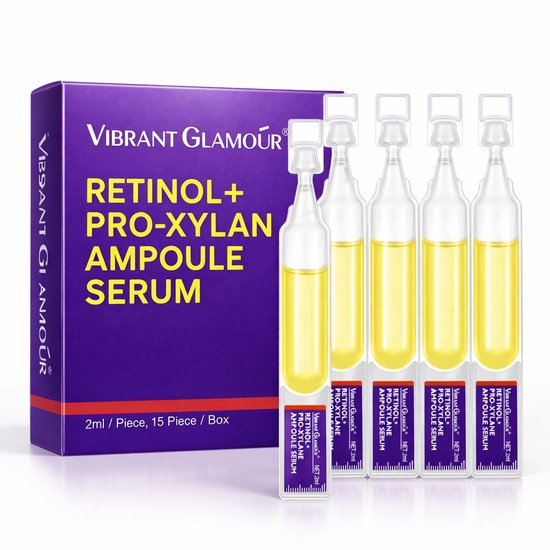 VIBRANT GLAMOUR Retinol Ampoule Serum – Retinol + Pro-Xylane – Anti-Aging Serum tegen Rimpels – Huidvernieuwing & Versteviging – 15 Ampullen