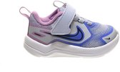 Lichtgrijze Nike peuter sneaker met paarse en blauwe mesh, blauwe Swoosh en "RUNNING" tekst.